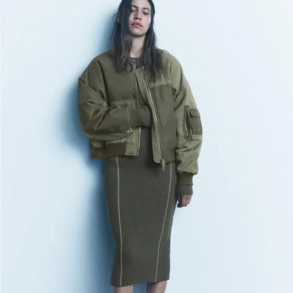 ZARA Water Repellant Patchwork Bomber Jacket Green Oversized Size Medium Padded - Picture 13 of 13